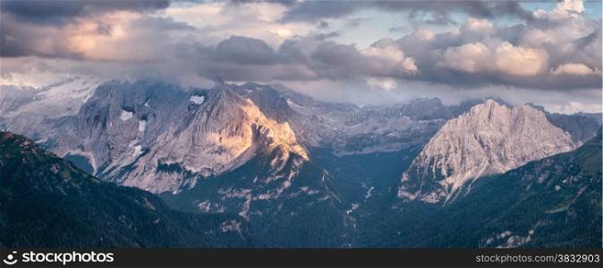 Panoramic view of mountain sunset, Val di Fassa, Italian Dolomites&#xA;