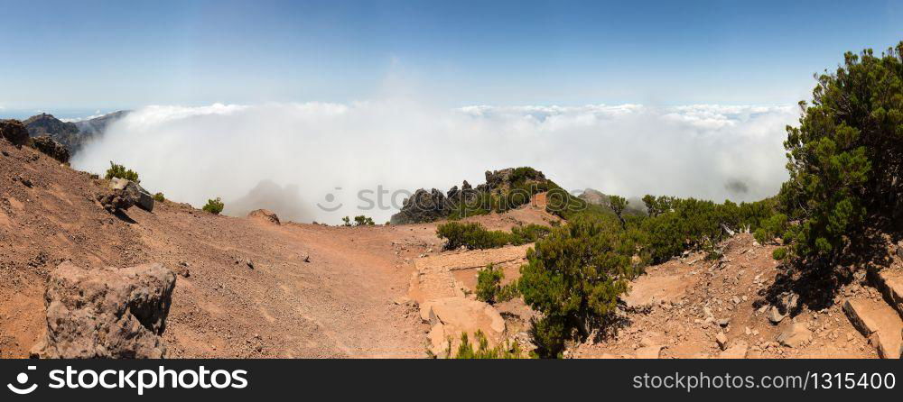 Panoramic view of mountains and clouds, Portugal, Madeira. Mountains landscape