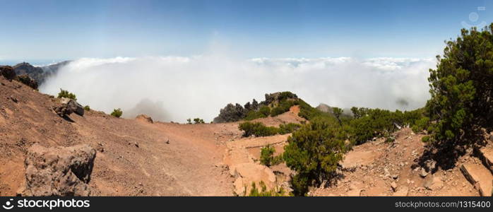 Panoramic view of mountains and clouds, Portugal, Madeira. Mountains landscape