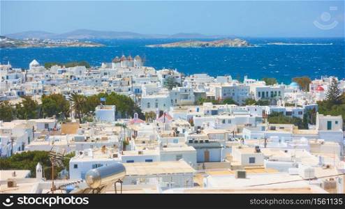 Panoramic view of Mykonos town on the sea shore, Greece. Greek scenery