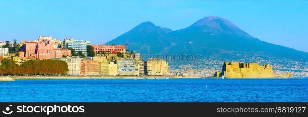 Panoramic view of Naples with Vesuvius mountain at sunset. Italy