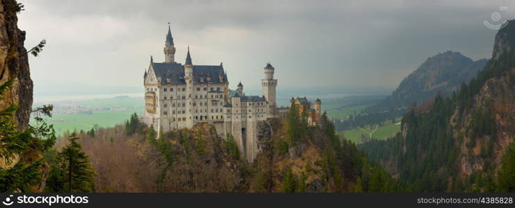 Panoramic view of Neuschwanstein castle in Bavarian alps, Germany