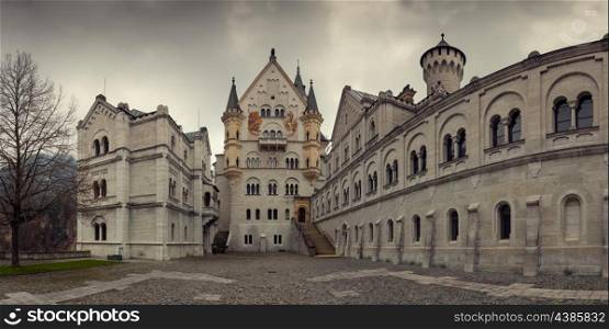 Panoramic view of Neuschwanstein castle in Bavarian alps, Germany