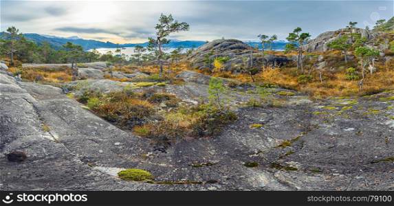 Panoramic view of norwegian rocks and distant fjord