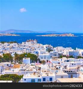Panoramic view of of Mykonos town in Greece