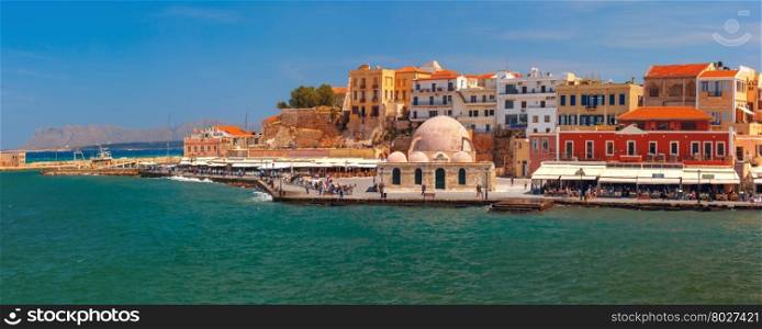 Panoramic view of old harbour of Chania with Venetian quay and Kucuk Hasan Pasha Mosque, Crete, Greece