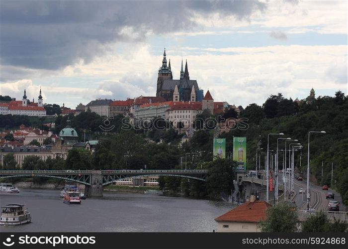 Panoramic view of old Prague town with Vltava river 7444. Prague old town panorama 7444