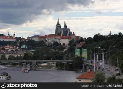 Panoramic view of old Prague town with Vltava river 7444. Prague old town panorama 7444