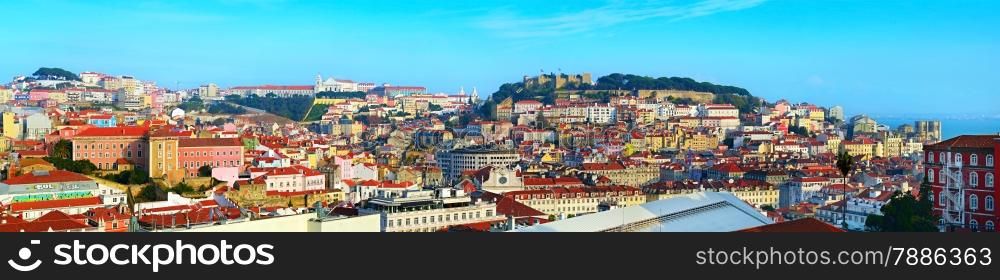 Panoramic view of Old Town of Lisbon at sunet. Portugal