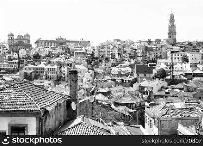 Panoramic view of old town of Porto, Portugal. Black and white