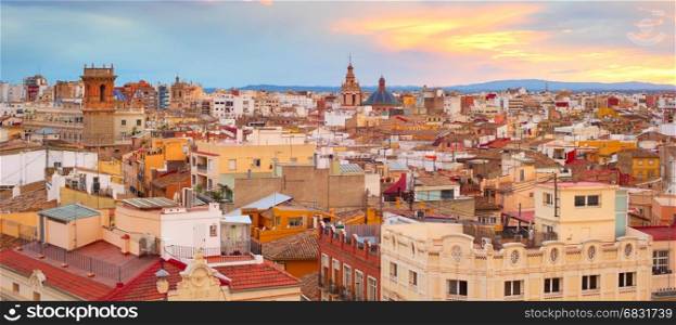 Panoramic view of Old Town of Valencia at sunset. Spain