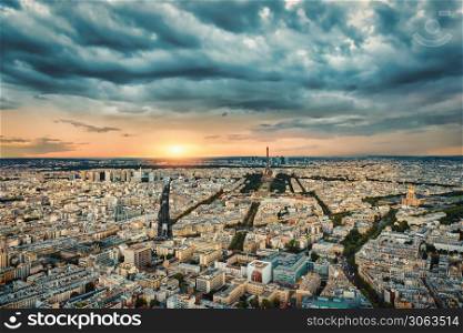 Panoramic view of Paris from above at sunset, France