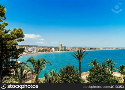 Panoramic View Of Peniscola City Holiday Beach Resort At Mediterranean Sea In Spain