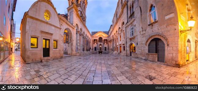 Panoramic view of Peristyle, central square within Diocletian Palace in Old Town of Split, the second largest city of Croatia in the morning. Old Town of Split, Croatia