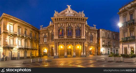 Panoramic view of Piazza Vincenzo Bellini and opera house grandiose theater Massimo Bellini in Sicilian Baroque style in the night lighting, Catania, Sicily, Italy. Theater Massimo Bellini, Catania, Sicily, Italy