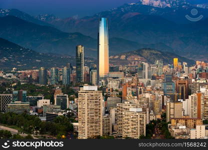 Panoramic view of Providencia and Las Condes districts at sunset, Santiago de Chile