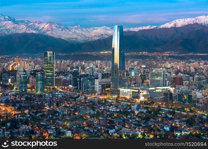 Panoramic view of Providencia and Las Condes districts with Los Andes Mountain Range, Santiago de Chile