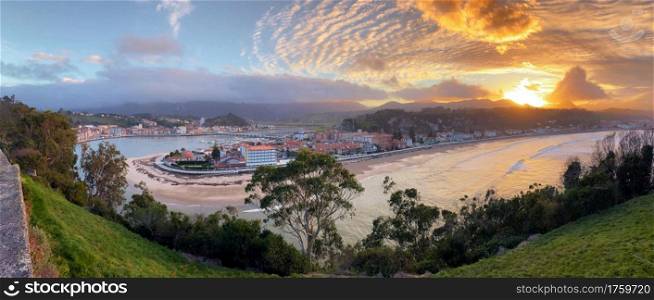 Panoramic view of Ribadesella and its estuary in Asturias, Spain.