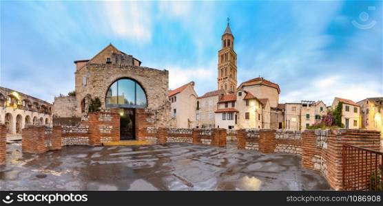 Panoramic view of Saint Domnius Cathedral in Diocletian Palace in Old Town of Split, the second largest city of Croatia in the morning. Old Town of Split, Croatia