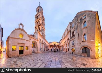 Panoramic view of Saint Domnius Cathedral in Diocletian Palace in Old Town of Split, the second largest city of Croatia in the morning. Old Town of Split, Croatia