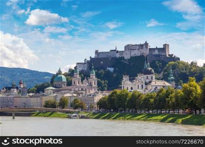 Panoramic view of Salzburg, fortress Hohensalzburg and Salzach river in Austria in a beautiful summer day