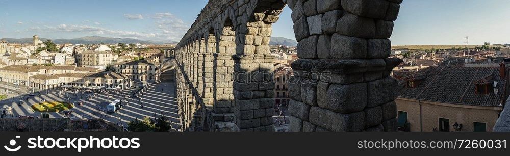 Panoramic view of Segovia and its Aqueduct. Roman construction of the 1st century, World Heritage of Unesco. Travel concept. Spain, Castile and Leon, Segovia. 