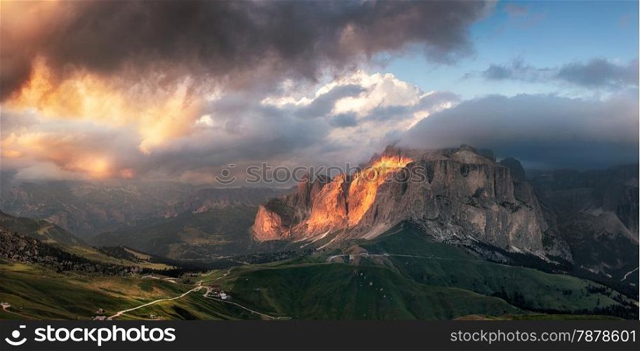 Panoramic view of Sella group mountain, Val di Fassa, Italian Dolomites&#xA;