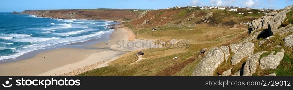 Panoramic view of Sennen Cove and Cape Cornwall.