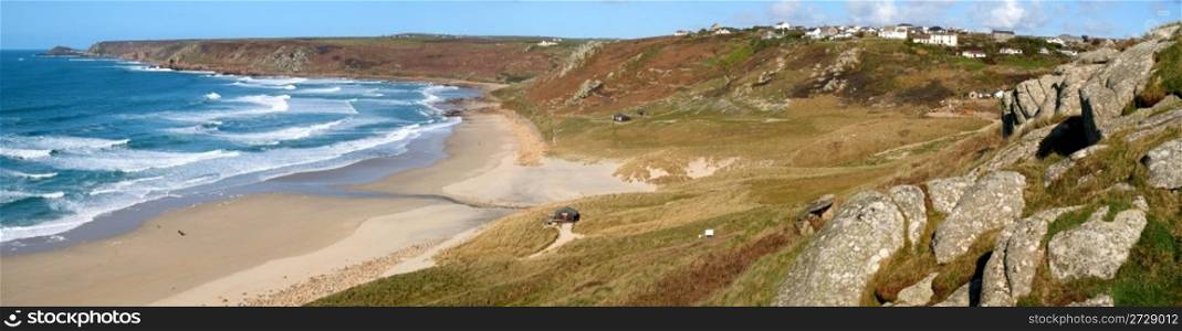 Panoramic view of Sennen Cove and Cape Cornwall.