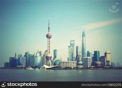 Panoramic view of Shanghai skyline, China. Retro style image/