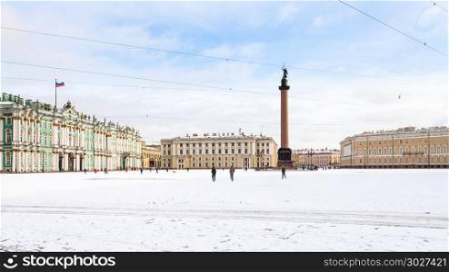 panoramic view of snow-coverd Palace Square. panoramic view of snow-coverd Palace Square with Alexander Column and Winter Palace in Saint Petersburg city in morning