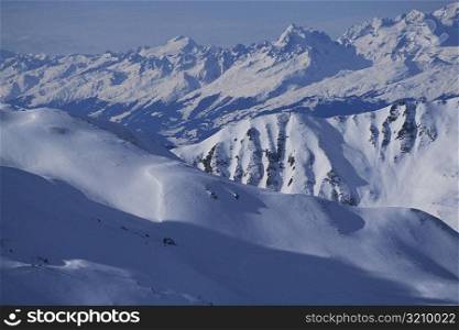 Panoramic view of snowcapped mountains, Davos, Graubunden Canton, Switzerland