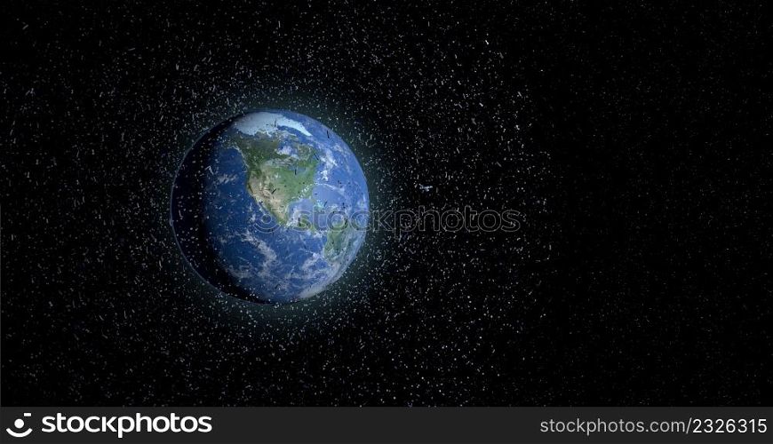 Panoramic view of space debris floating in the orbit of planet Earth. Old satellites, rockets of support, pieces of metal are a threat because they can collide with the new satellites. 3D illustration. Space debris floating in the orbit of planet Earth. Old satellites, rockets of support, pieces of metal are a threat because they can collide with the new satellites. 3D illustration