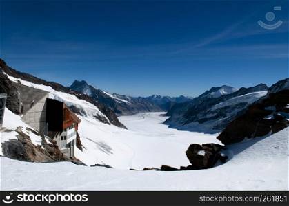 Panoramic view of Sphinx Observation deck on Jungfrau top of Europe, snow mountain and Aletsch-Bietschhorn glacier Switzerland