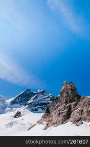 Panoramic view of Sphinx Observation deck tower on Jungfrau top of Europe, snow mountain peak of Switzerland