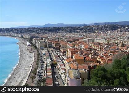 Panoramic view of spring Nice coastline and old town, French Riviera