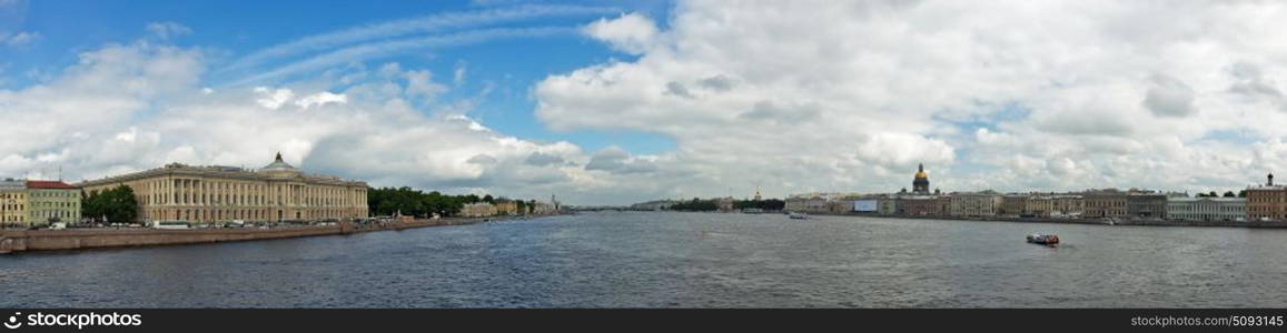 Panoramic view of St. Petersburg from the bridge on the Neva River