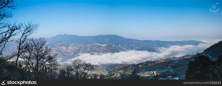 Panoramic view of Terraced rice fields of YuanYang , China with sea of fog and cloud
