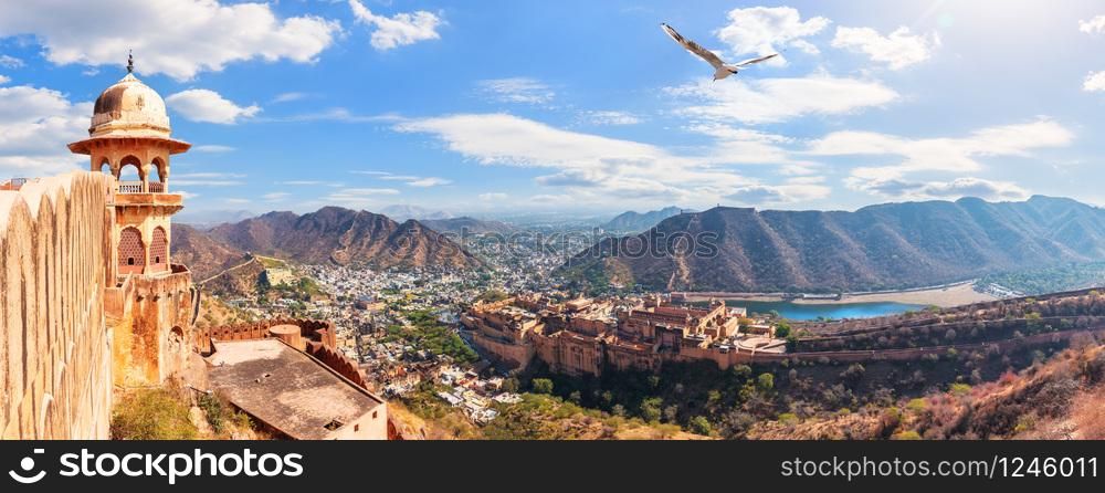Panoramic view of the Amber Fort, Maotha Lake and the Aravalli Range, view from the Jaigarh Fort, Jaipur, Rajasthan, India.