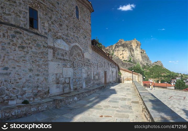 Panoramic view of the Assumption of Virgin Mary byzantine church in Meteora, Kalambaka town in Greece, on a sunny summer day. Ancient Byzantine church in Meteora, Greece
