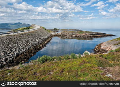 Panoramic view of the Atlantic road and the ocean in Hulvagen, Norway. Atlantic road in Hulvagen, Norway