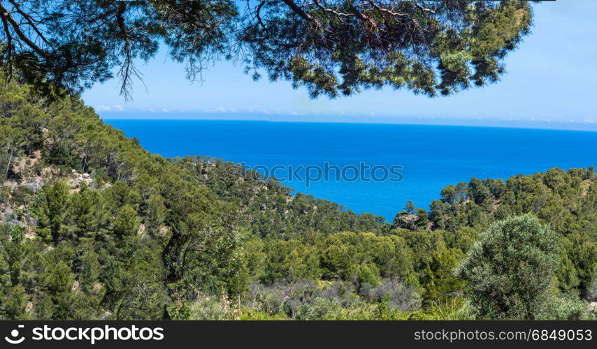 Panoramic view of the blue sea on the west coast of Mallorca, Spain.