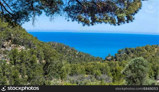 Panoramic view of the blue sea on the west coast of Mallorca, Spain.