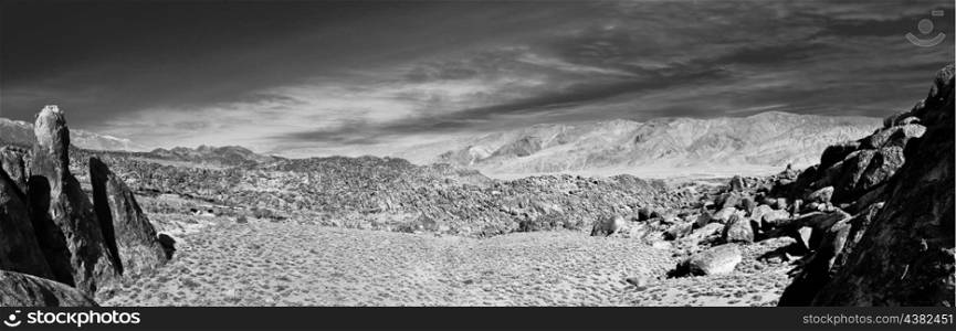 Panoramic view of the boulders area of the Alabama Hills.