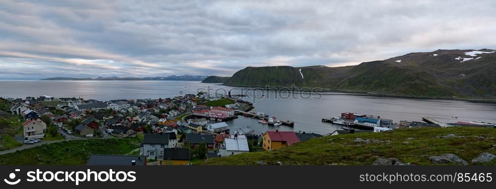 Panoramic view of the city and the port of Honningsvag, Norway. Honningsvag in Norway
