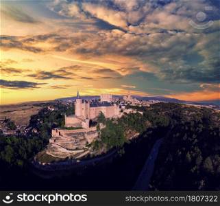 Panoramic view of the city of Segovia with Alcazar and cathedral. Castilla y Leon, Spain.