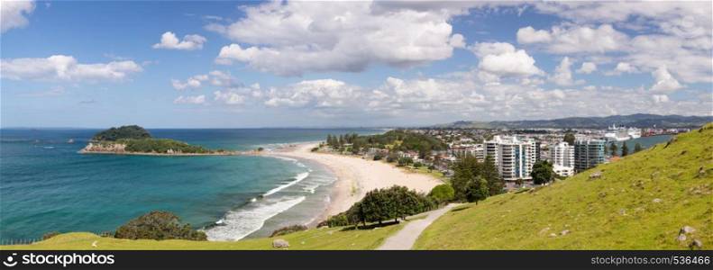 Panoramic view of the coastline and town of Tauranga from the Mount in New Zealand. Panorama of Tauranga in NZ