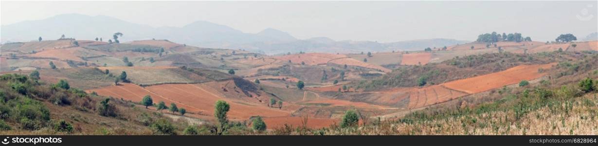 Panoramic view of the colorful fields in Myanmar