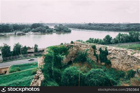 Panoramic view of the Danube and Sava rivers from the Belgrade fortress and Kalemegdan in Serbia on a cloudy summer day. Danube river near Belgrade fortress