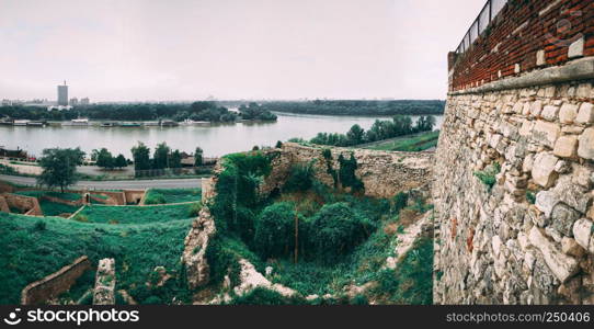 Panoramic view of the Danube and Sava rivers from the Belgrade fortress and Kalemegdan in Serbia on a cloudy summer day. Danube river near Belgrade fortress